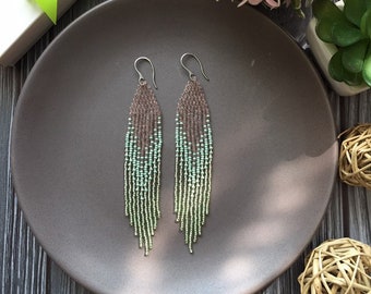 Sage green long fringe beaded earrings. Statement earrings.Neo mint ombre earrings.Dangling green boho\ethnic earrigs
