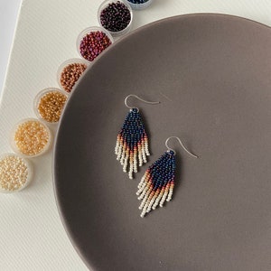 Small navy beaded earrings with ivory fringe Boho bohemian gypsy ethnic stylish jewelry 2 inch earrings Wholesale image 1