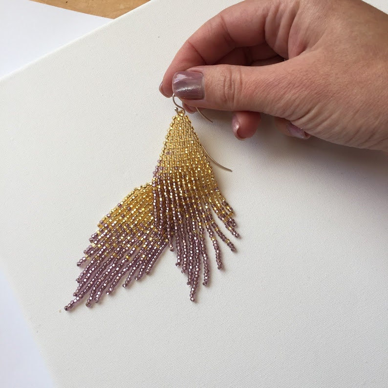 Fringe beaded earrings Golden purple holiday earrings | Etsy