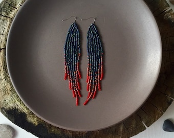 Navy Blue Beaded Fringe Earrings: Red Ombre Boho Dangle Jewelry