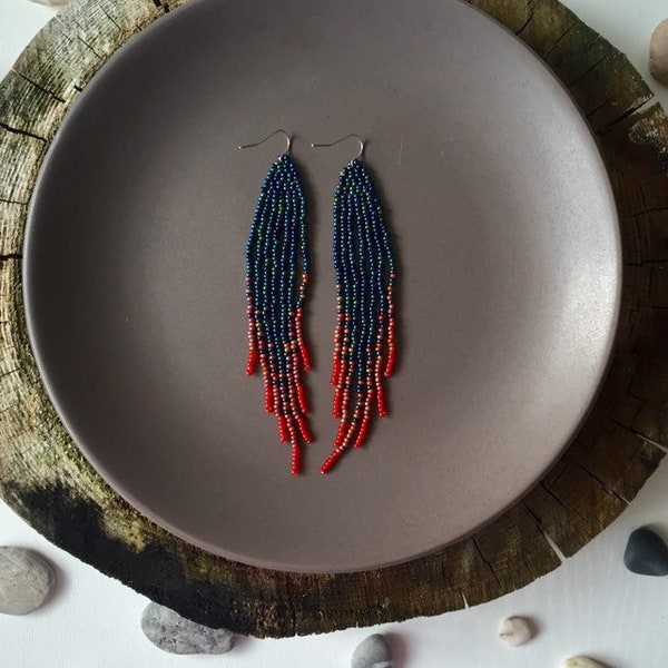 Navy blue beaded earrings with red ombre fringe - Dangle Boho bohemian hippie gypsy jewelry - Gift for her -handmade earrings