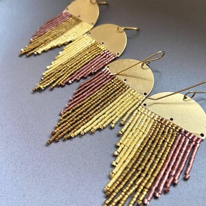 Beaded earrings brass arch base with gold, bronze and burgundy shades fringe, statement dangle earrings, boho bohemian casual style, gift image 4