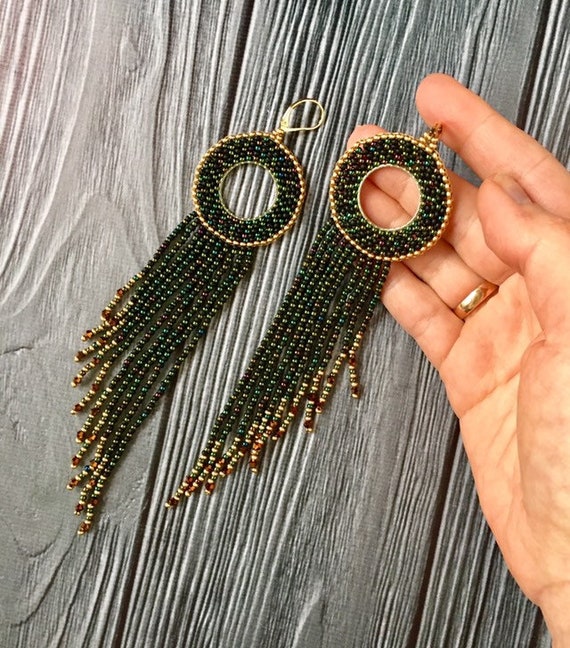 Black beaded hoop dangle earrings.Long fringe hoop Etsy