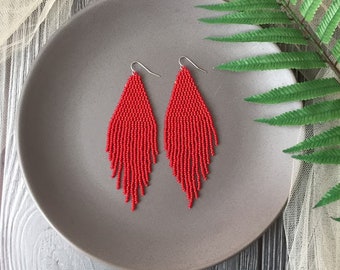 Long red beaded earrings.Fringe dangle earrings.Statement/boho/bohemian monochrome earrings. Festival/party earrings. Casual jewelry