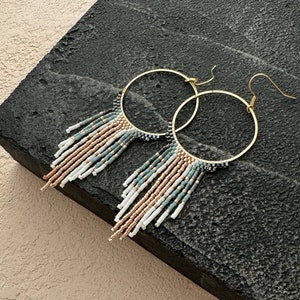 Boho Beaded Fringe Hoop Earrings, Teal Rose Gold, Statement Jewelry