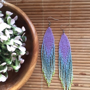 Lavender beaded earrings with sage green ombre fringe image 7