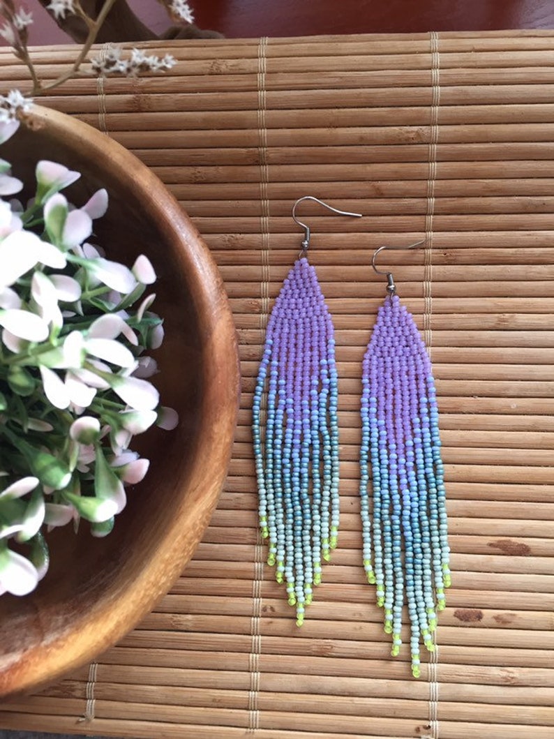 Lavender beaded earrings with sage green ombre fringe image 7