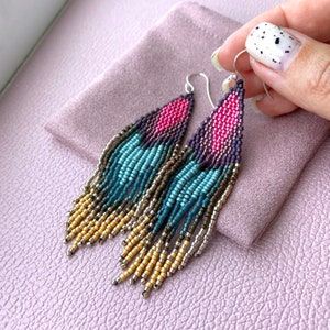 Beaded fringe earrings - Lightweight colorful dangle earrings - Boho earrings