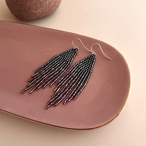 Black Bead Fringe Earrings: Purple Ombre Dangle Earrings