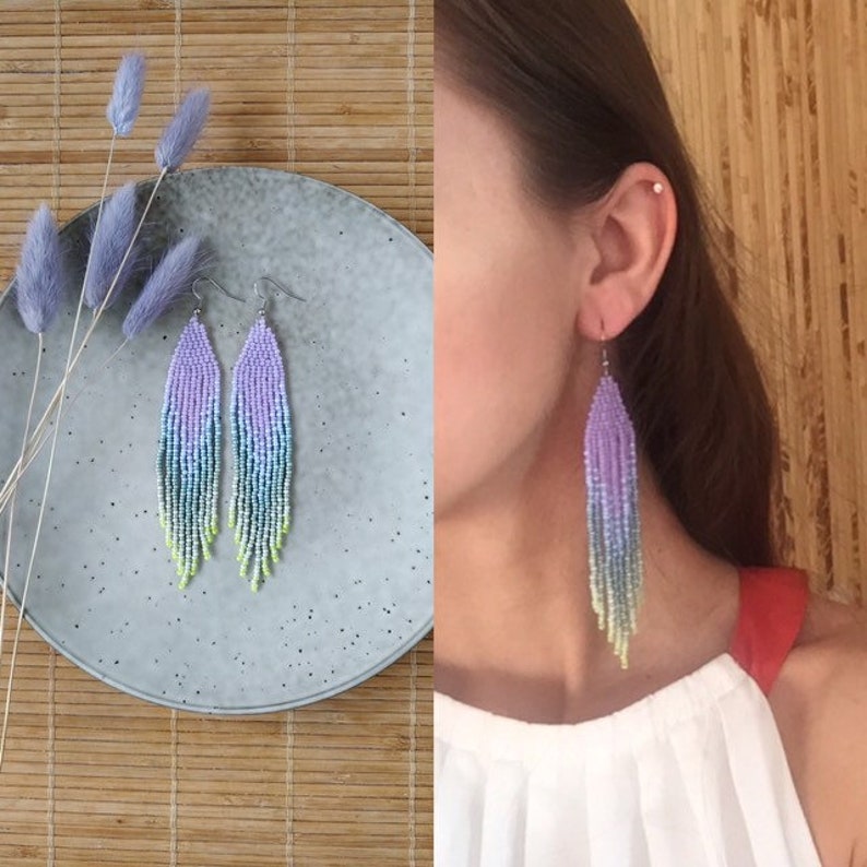 Lavender beaded earrings with sage green ombre fringe image 2