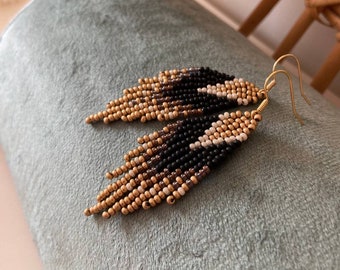 Black beaded earrings with gold fringe, ethnic boho bohemian style earrings, dangle statement earrings, gift for her, unique earrings.
