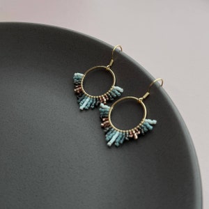 Teal Brown Beaded Hoop Earrings, Boho Jewelry