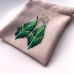 Green beaded earrings - Small dangle earrings - Feather seed bead earrings - Native style earrings - Boho/bohemian/ethnic/jewelry