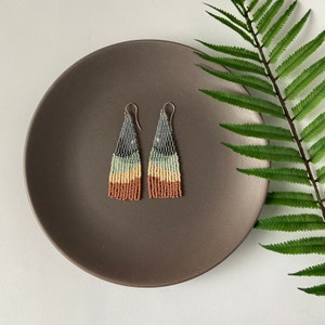 Beaded fringe earrings with mountains print  - Gray mint brown - Boho jewelry - Natural colors - Bohemian\gypsy\hippie  - Gift for her