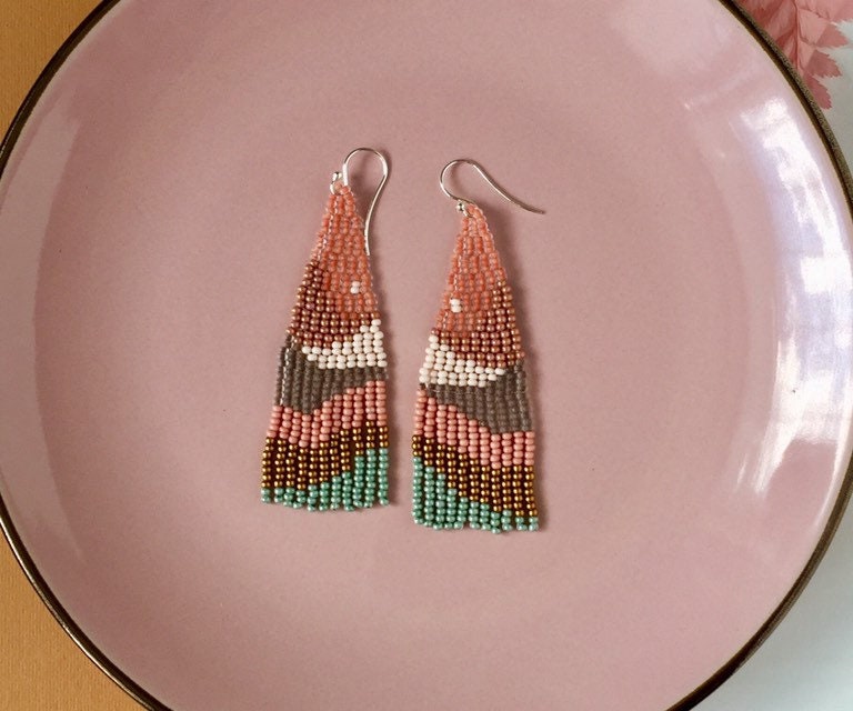 Beaded earrings with nature print Salmon colors earrings Etsy