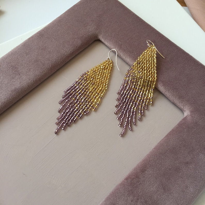 Fringe Beaded Earrings Golden Purple Holiday Earrings - Etsy