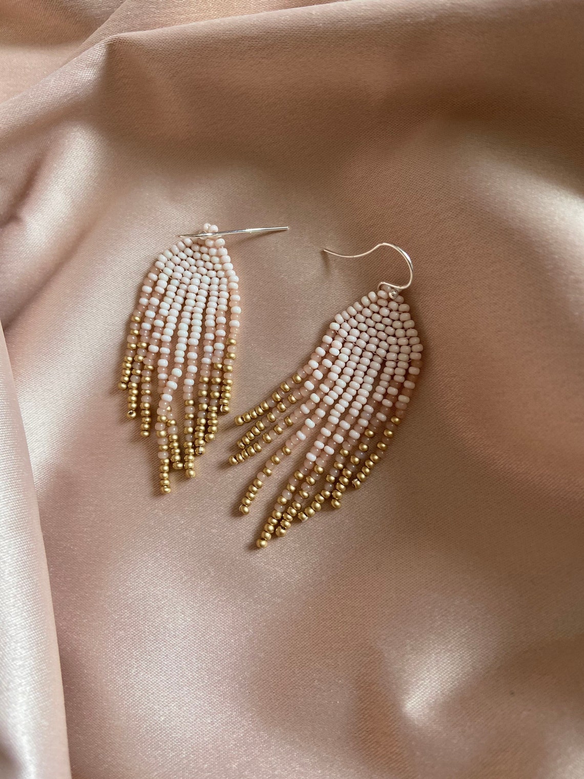 Fringe ombre beaded earrings beige gold dangle earrings Etsy