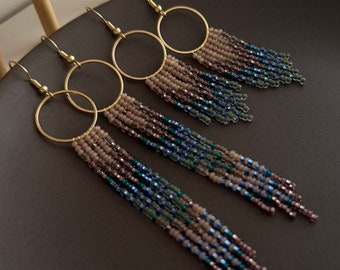 Boho Beaded Fringe Earrings, Shimmering Gradient Dangle Hoops
