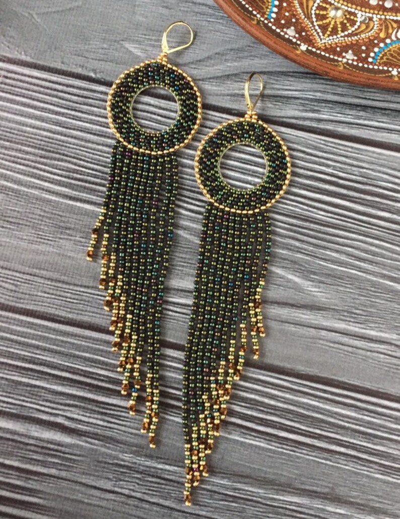 Black beaded hoop dangle earrings.Long fringe hoop Etsy