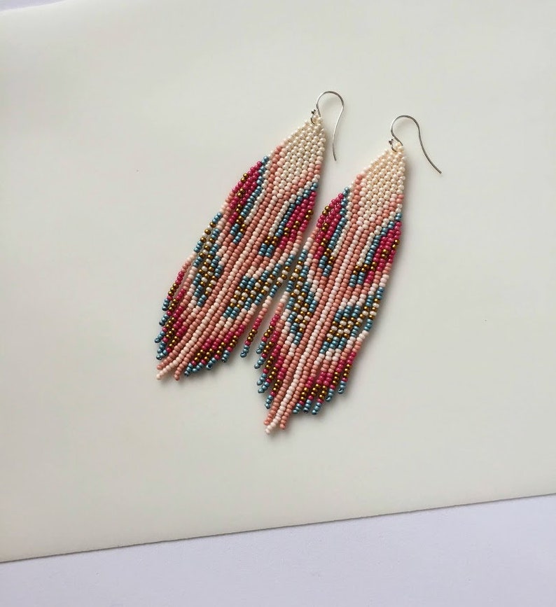 Long boho beaded earrings Pink dangle fringe earrings Ethnic bohemian hippie western jewelry Statement feather earrings image 7