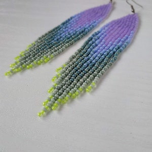 Lavender beaded earrings with sage green ombre fringe image 8