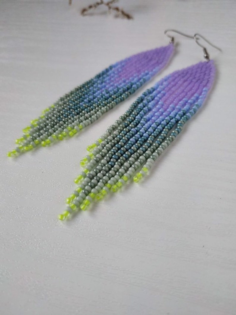 Lavender beaded earrings with sage green ombre fringe image 8