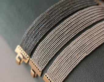 Beadwoven Bar Bracelet: Gray Crystal & White, Gold Plated Boho Jewelry