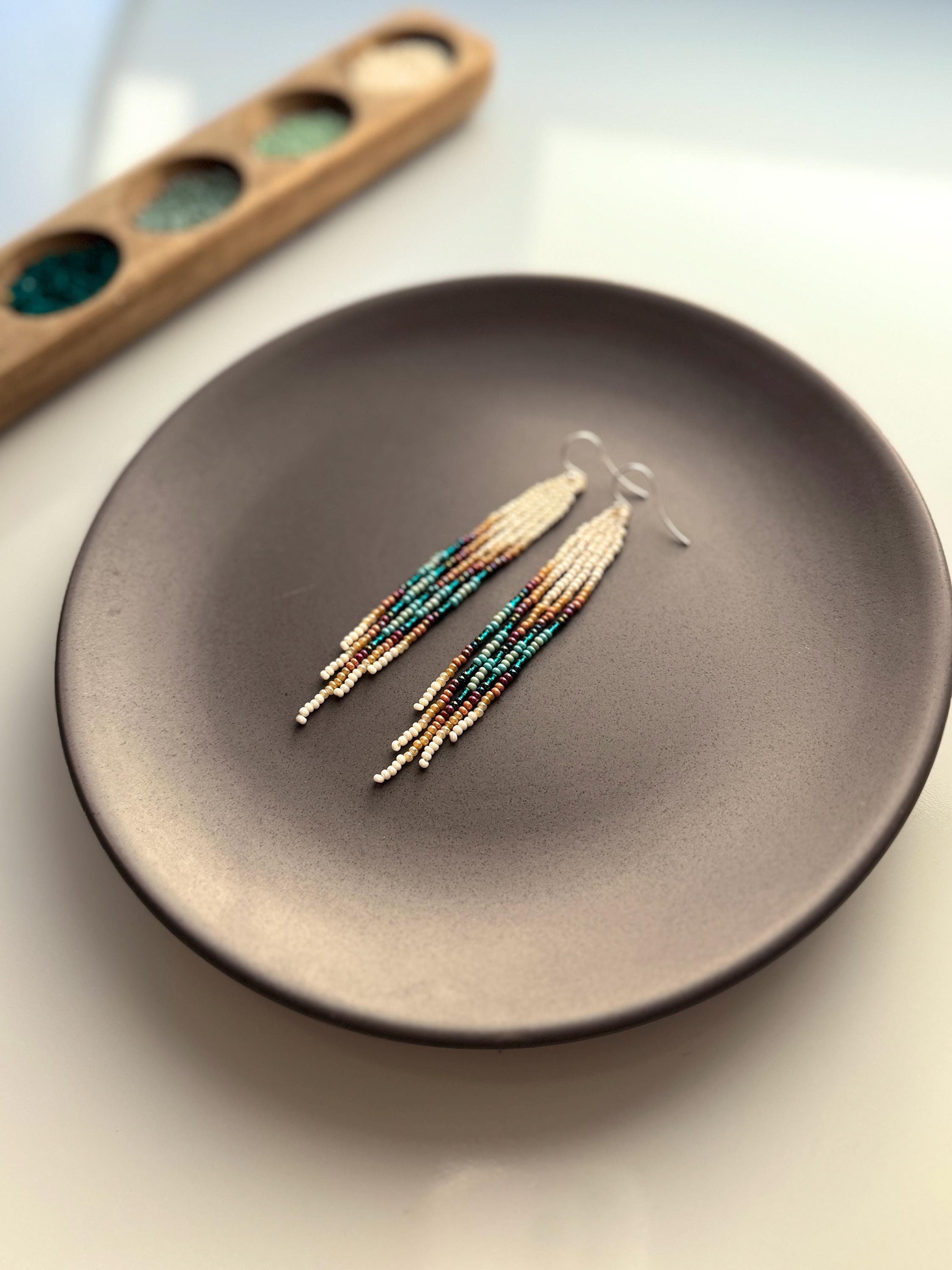 Ivory beaded earrings with cascading teal brown gradient fringe, high quality jewelry gift, boho bohemian hippie style
