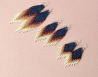 Navy blue ivory ombre earrings - Beaded earrings - Fringe dangle earrings - Jewelry gift - Bohemian earrings