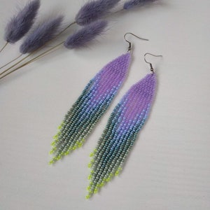 Lavender beaded earrings with sage green ombre fringe image 9