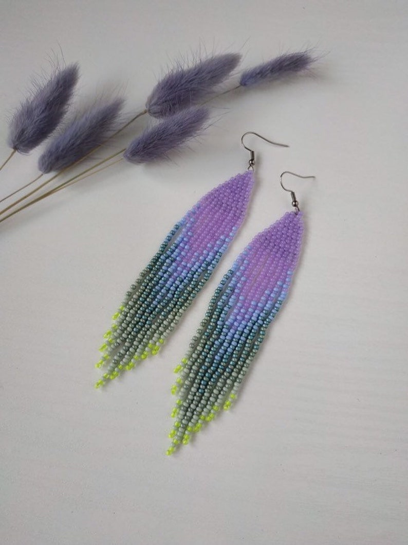 Lavender beaded earrings with sage green ombre fringe image 9
