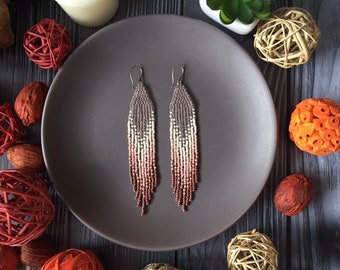 Ombre seed bead earrings - Beige ivory brown fringe earrings - Boho jewelry - Long bohemian  earrings - Jewelry gift
