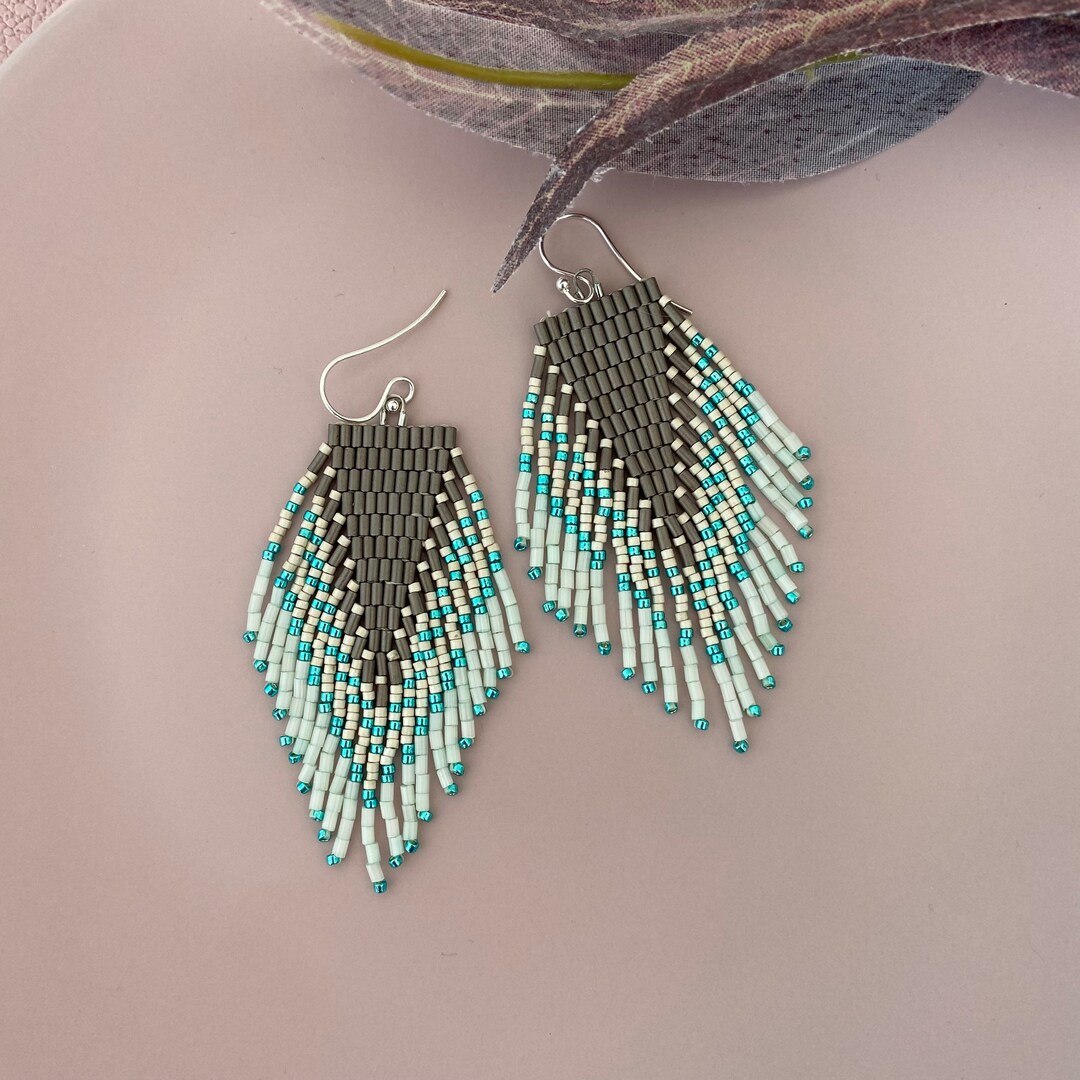 Grey Turquoise Dangle Beaded Earrings Fringe Handmade - Etsy