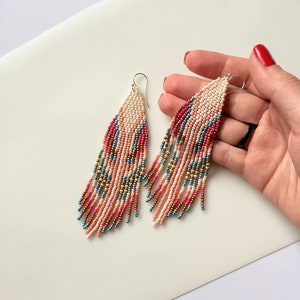 Long boho beaded earrings Pink dangle fringe earrings Ethnic bohemian hippie western jewelry Statement feather earrings image 6