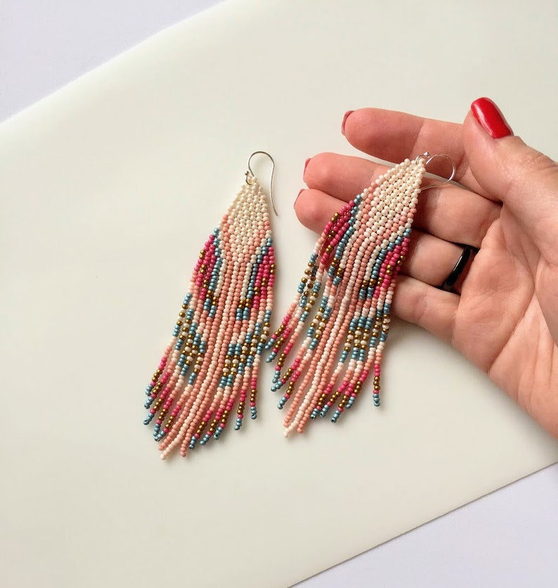 Long boho beaded earrings Pink dangle fringe earrings Ethnic bohemian hippie western jewelry Statement feather earrings image 6