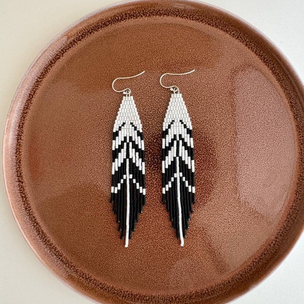 Feather beaded earrings, long statement ethnic earrings, white black seed bead earrings, jewelry gift
