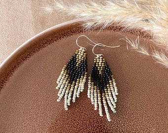 Black seed bead earrings with gold ivory gradient fringe, boho bohemian jewelry, high quality handstitched earrings, gift for her, 2 inch
