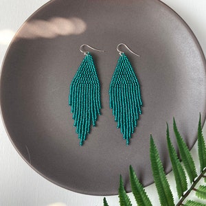 Turquoise beaded fringe earrings - Shiny dangle earrings - Boho bohemian holiday jewelry - Statement earrings - Gift for her