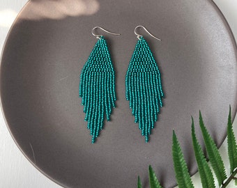 Turquoise beaded fringe earrings - Shiny dangle earrings - Boho bohemian holiday jewelry - Statement earrings - Gift for her