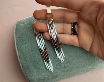 Teal Rust Beaded Fringe Earrings with Gleaming Gold Studs (Eye-Catching Anniversary Gift) - Boho wedding