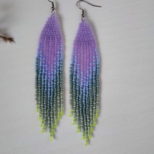 Lavender beaded earrings with sage green ombre fringe image 5