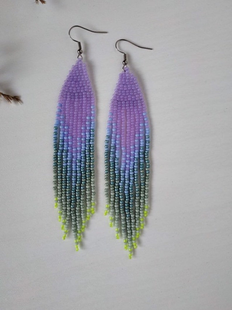 Lavender beaded earrings with sage green ombre fringe image 5