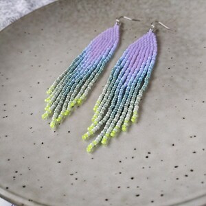 Lavender beaded earrings with sage green ombre fringe image 4