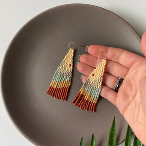 Beaded fringe earrings with mountains print  - Peach grey brown - Boho jewelry - Natural colors - Bohemian\gypsy\hippie  - Gift for her