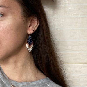 Small navy beaded earrings with ivory fringe Boho bohemian gypsy ethnic stylish jewelry 2 inch earrings Wholesale image 4