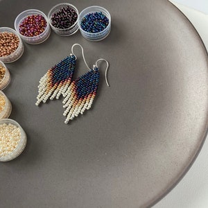 Small navy beaded earrings with ivory fringe Boho bohemian gypsy ethnic stylish jewelry 2 inch earrings Wholesale image 2