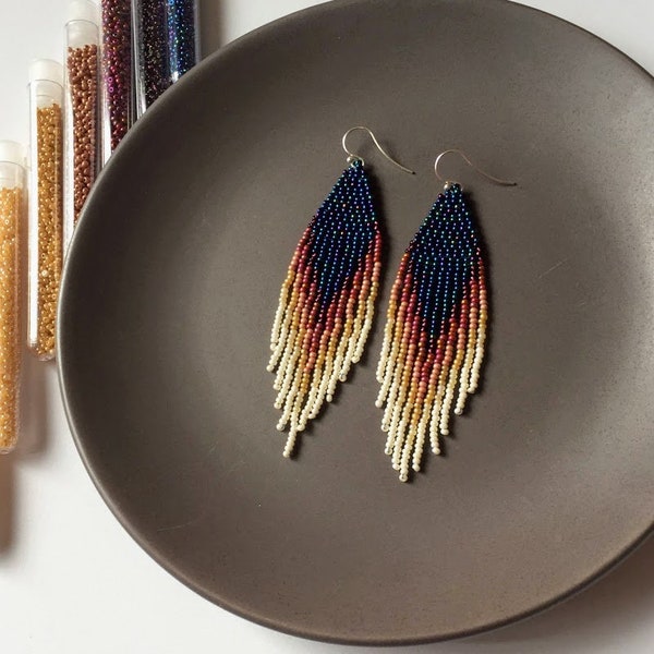 Navy Ombre Fringe Beaded Earrings – Sterling Silver Boho Dangle Earrings