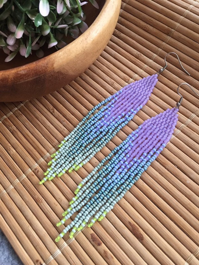 Lavender beaded earrings with sage green ombre fringe image 3