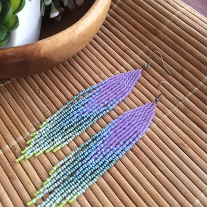 Lavender beaded earrings with sage green ombre fringe image 6