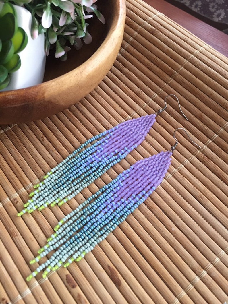 Lavender beaded earrings with sage green ombre fringe image 6